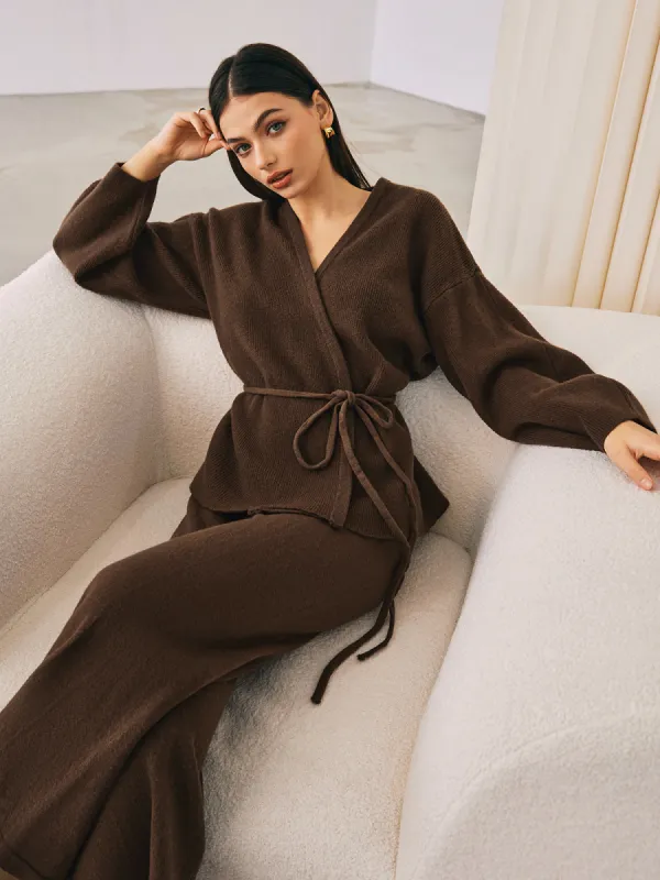 Wrap Belted Sweater Pants Set sold by COMMENSE