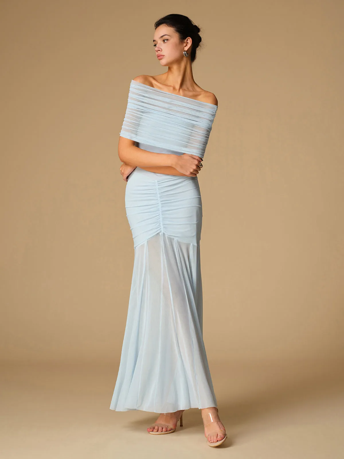 Off-Shoulder Ruched Semi-Sheer Dress sold by COMMENSE product image thumbnail 4