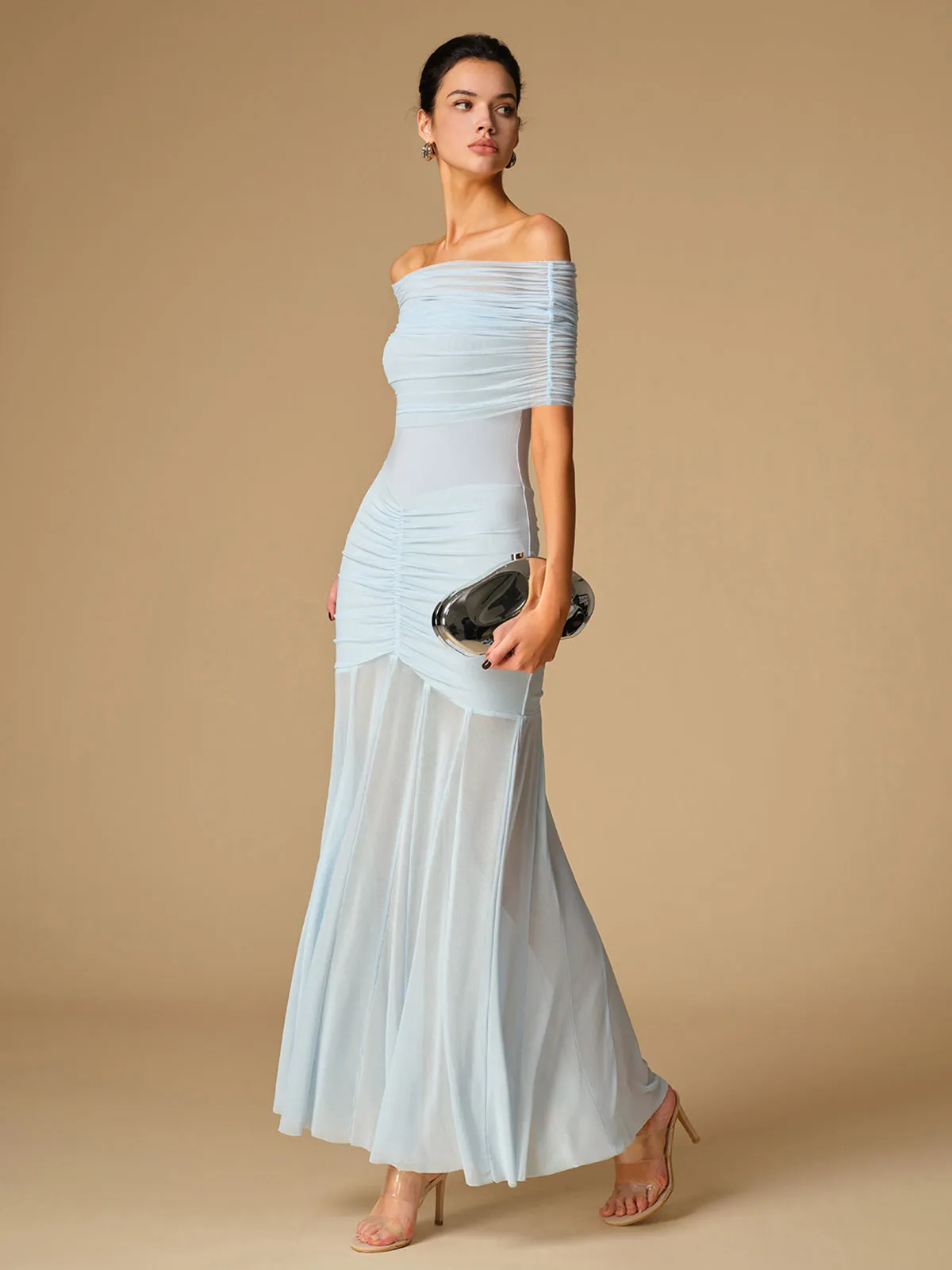 Off-Shoulder Ruched Semi-Sheer Dress sold by COMMENSE product image thumbnail 3