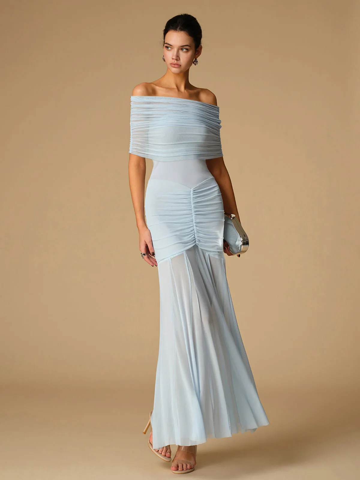 Off-Shoulder Ruched Semi-Sheer Dress sold by COMMENSE