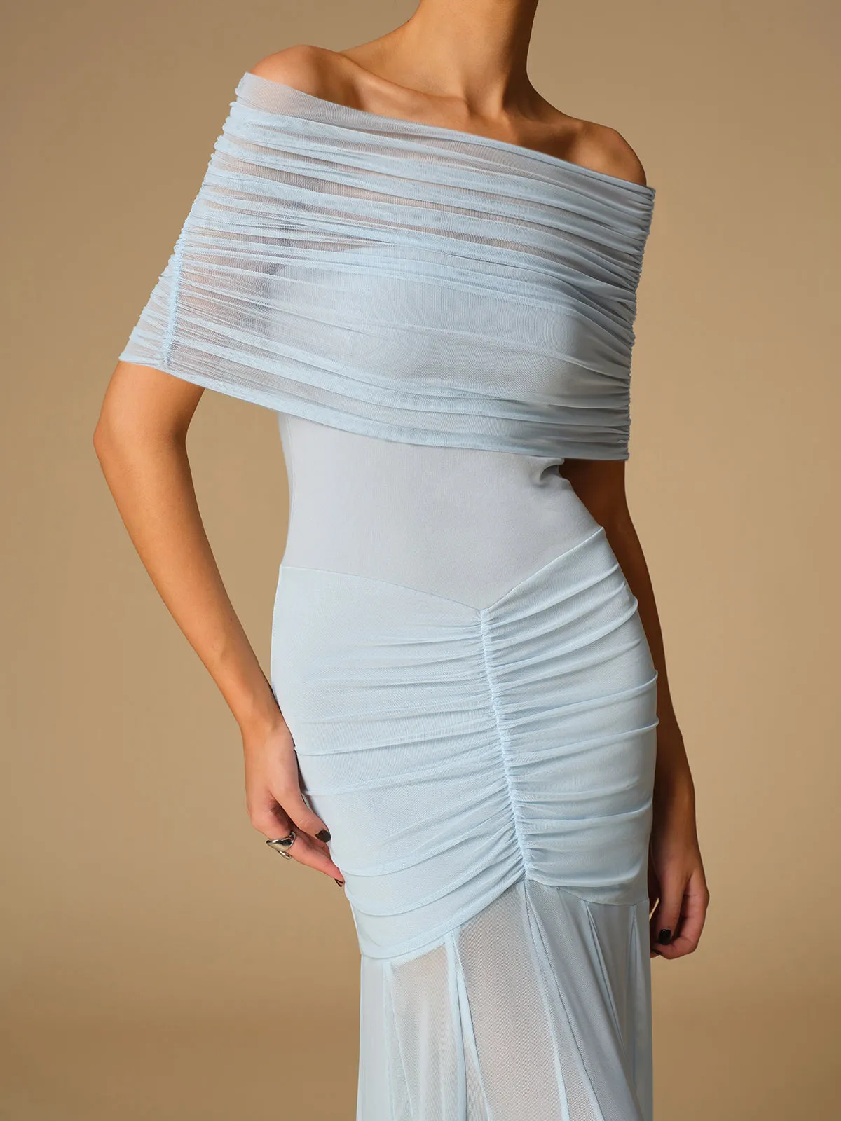 Off-Shoulder Ruched Semi-Sheer Dress sold by COMMENSE product image thumbnail 5