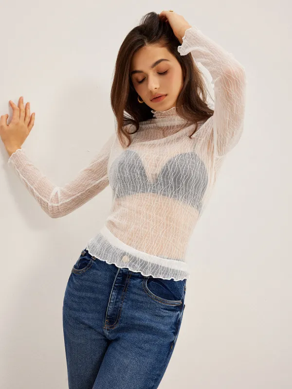 Lettuce Trim Textured Sheer T-Shirt sold by COMMENSE