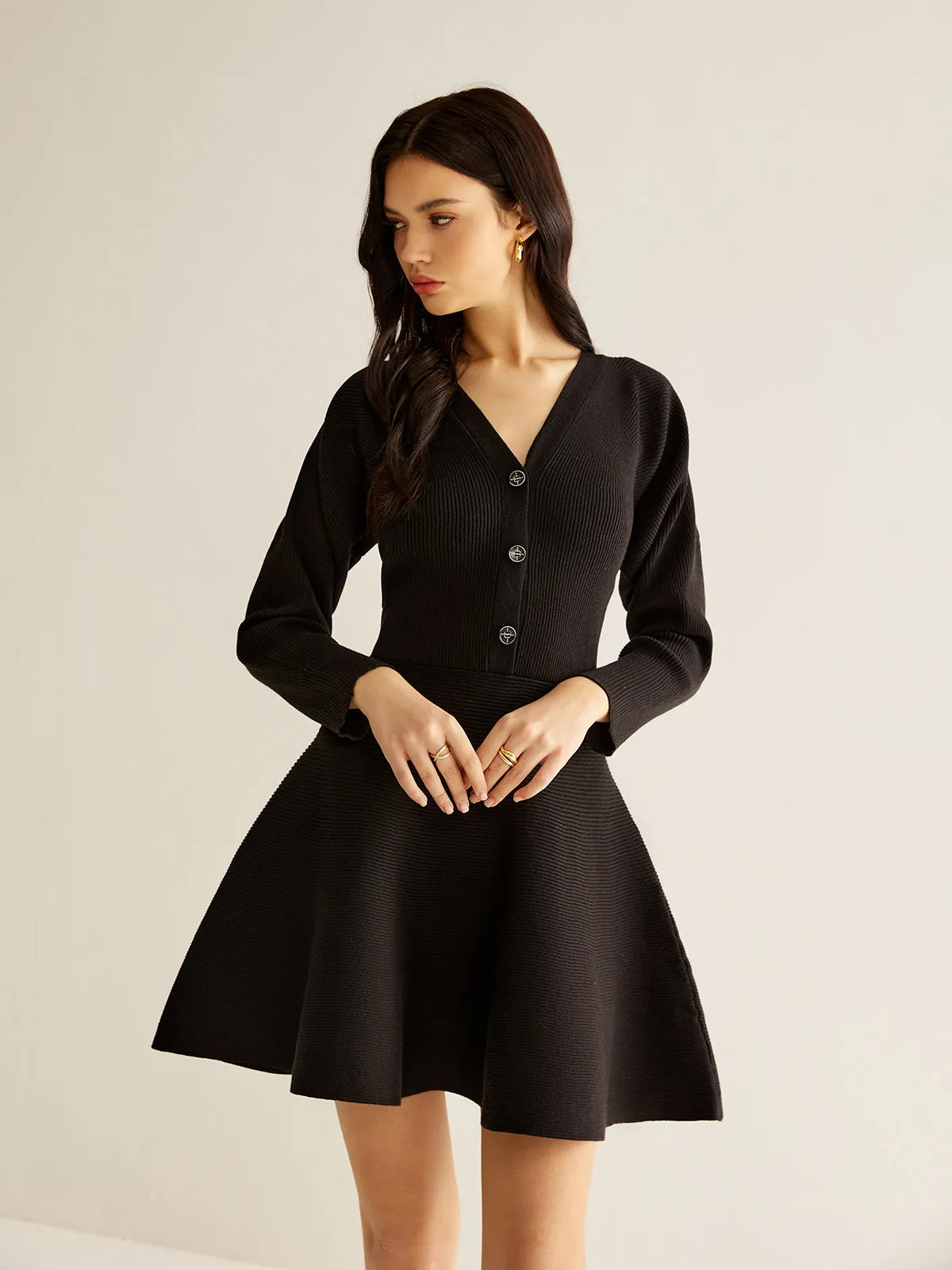 V-Neck Button Pleated Sweater Dress sold by COMMENSE