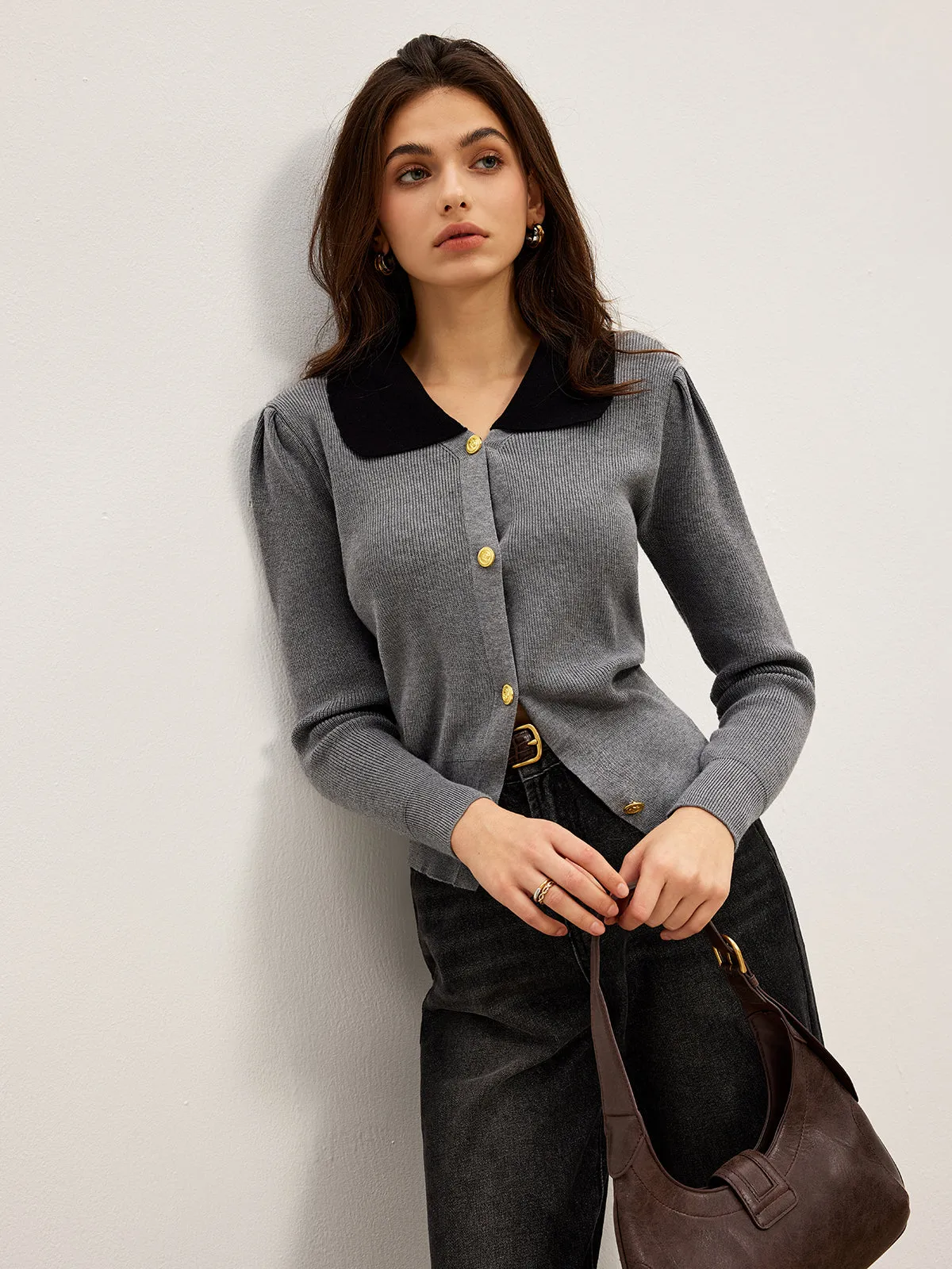 Contrast Collar Slim Button Cardigan sold by COMMENSE