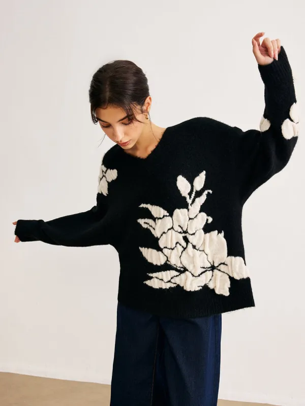 V-Neck Knit-Floral Shift Sweater made by COMMENSE