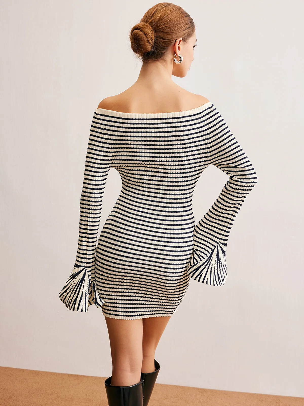 Ruffle-Cuff Striped Sweater Short Dress sold by COMMENSE product image thumbnail 5
