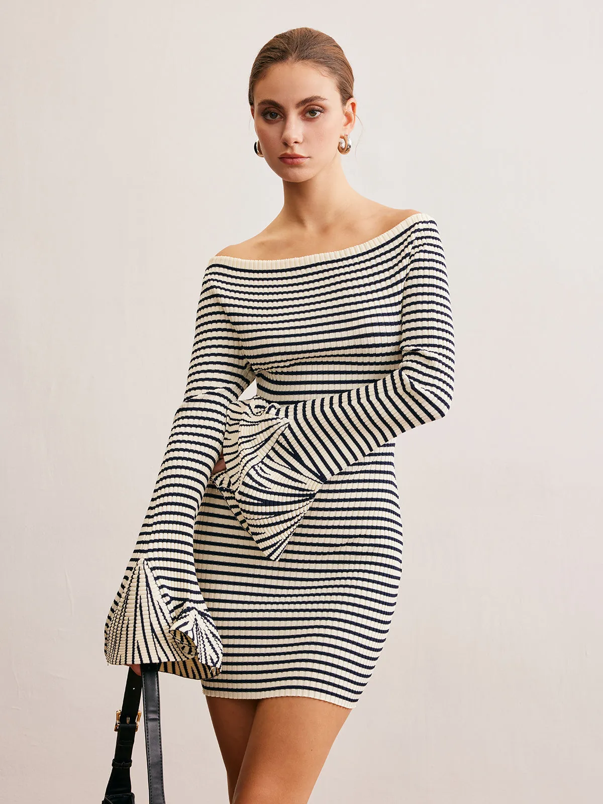 Ruffle-Cuff Striped Sweater Short Dress sold by COMMENSE product image thumbnail 4