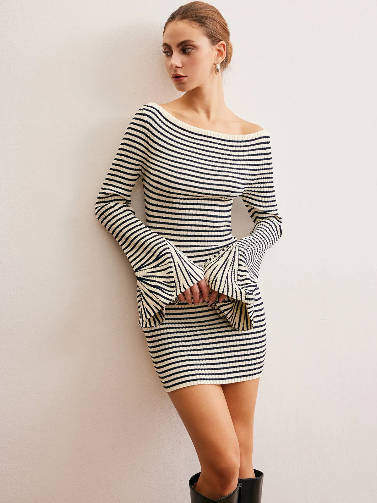 Ruffle-Cuff Striped Sweater Short Dress sold by COMMENSE