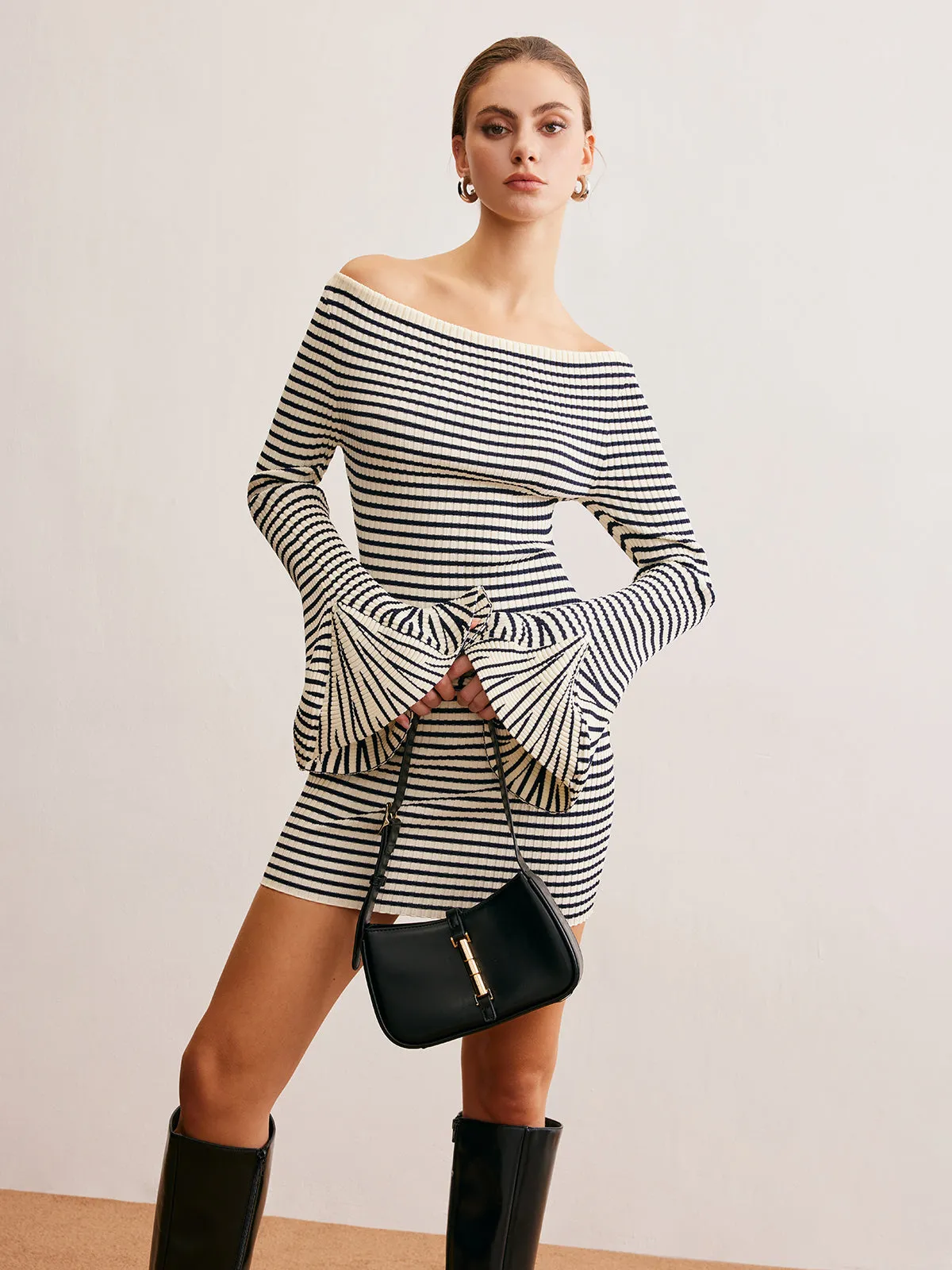 Ruffle-Cuff Striped Sweater Short Dress sold by COMMENSE product image thumbnail 2
