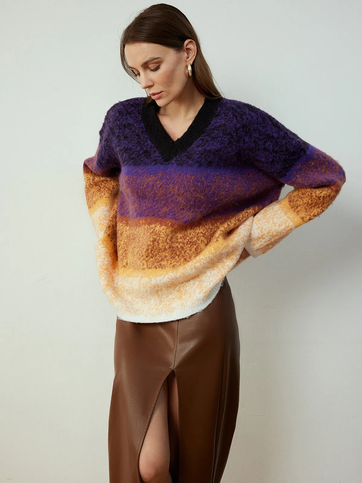 V-Neck Ombre Shift Sweater sold by COMMENSE