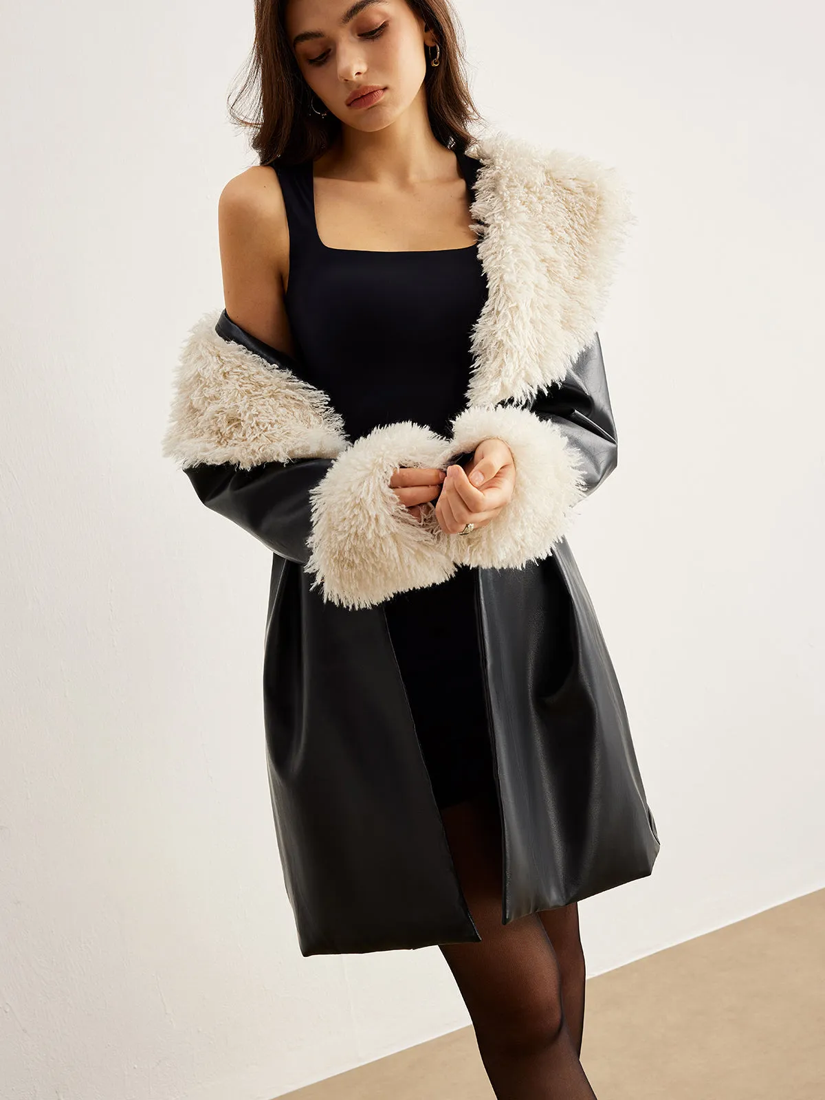 Feather Collar Faux Leather Belted Jacket sold by COMMENSE product image thumbnail 5