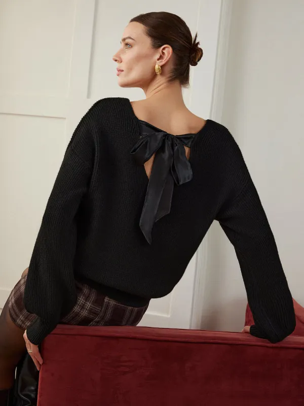 Ribbed V-Neck Bow Sweater sold by COMMENSE