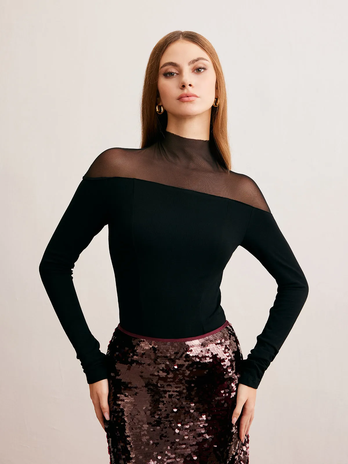 Mesh Panel Jersey Skinny Blouse sold by COMMENSE