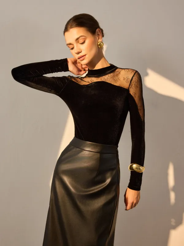 Lace Panel Velvet Slim Blouse sold by COMMENSE