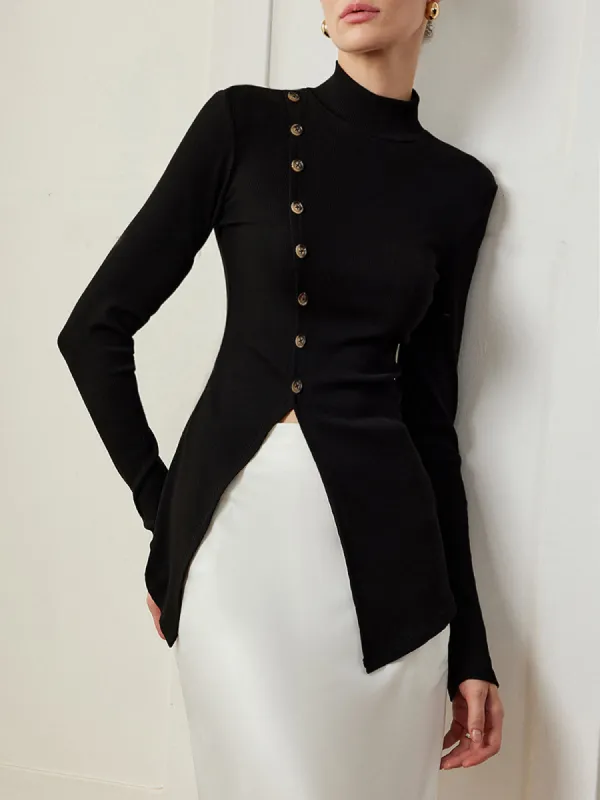 Button Split Skinny Blouse sold by COMMENSE