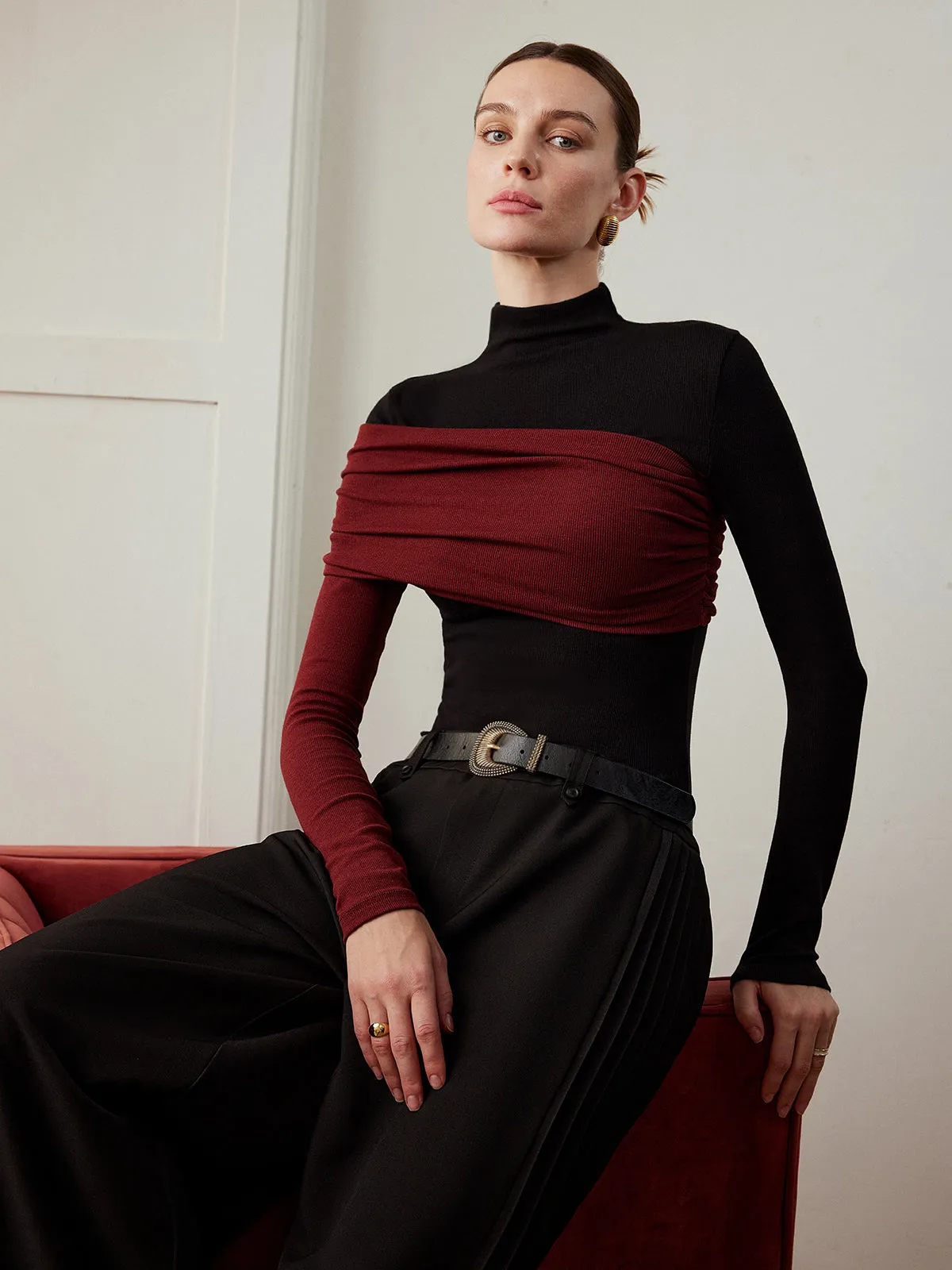 Color Block Pleated Jersey Slim Top sold by COMMENSE product image thumbnail 4