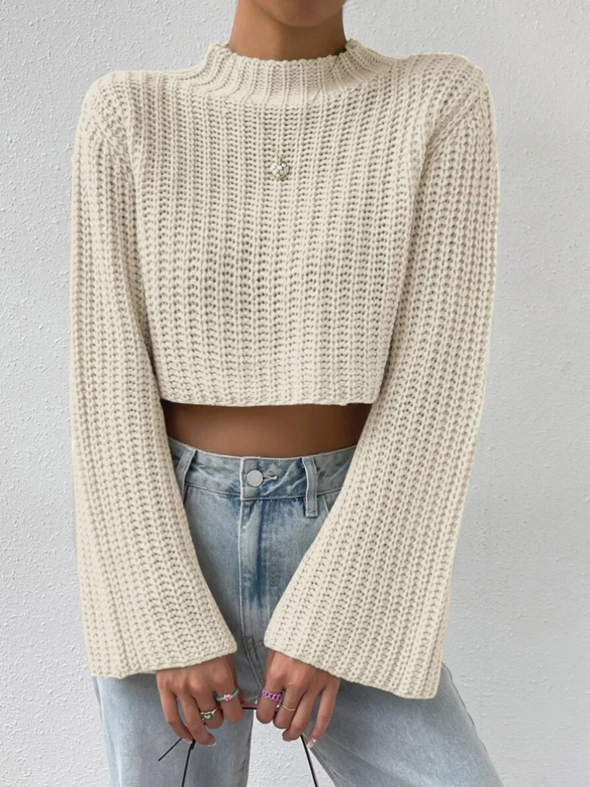 Bell Sleeve Crop Shift Sweater sold by COMMENSE