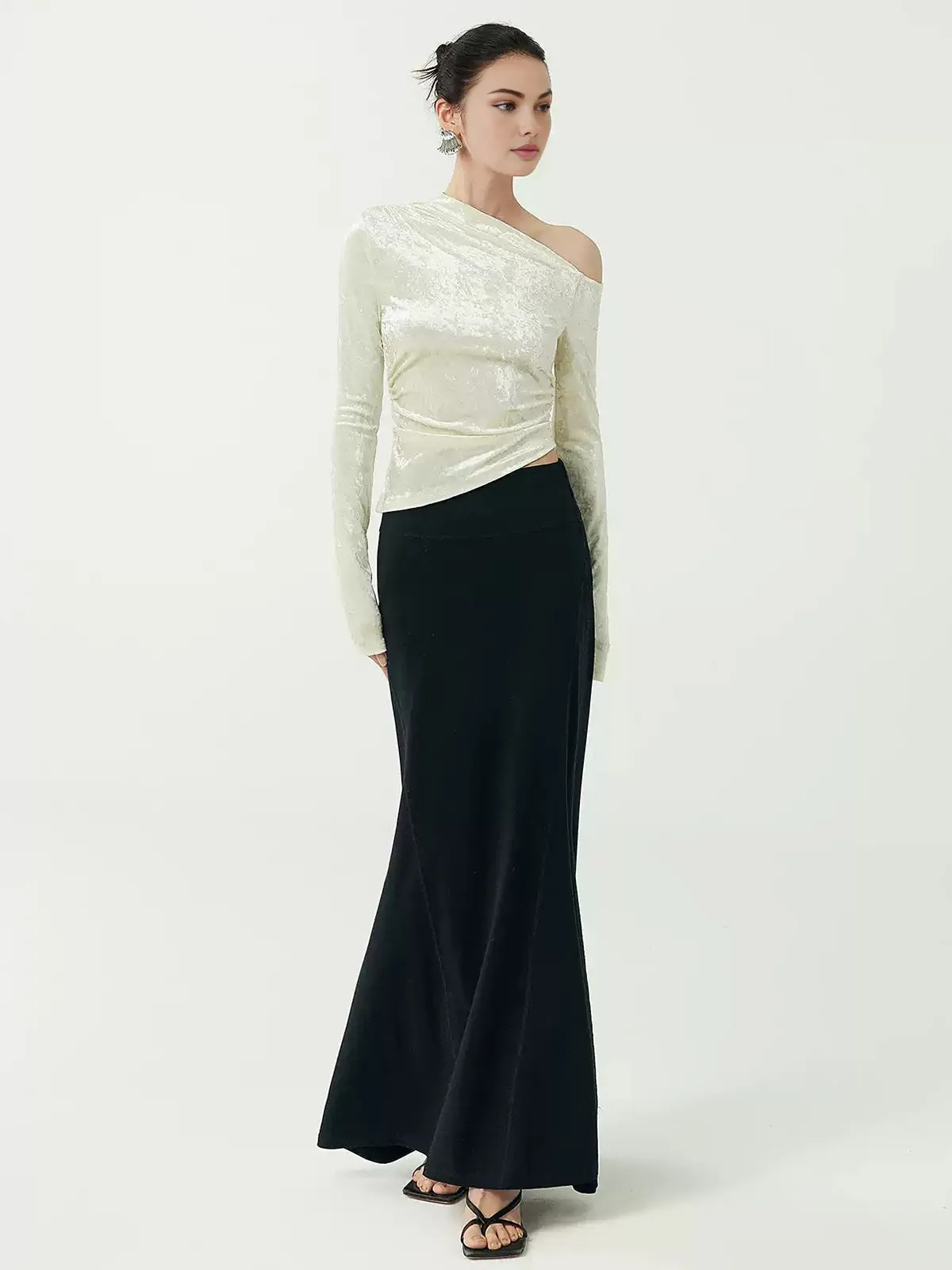 One-Shoulder Pleated Velvet Blouse sold by COMMENSE product image thumbnail 2