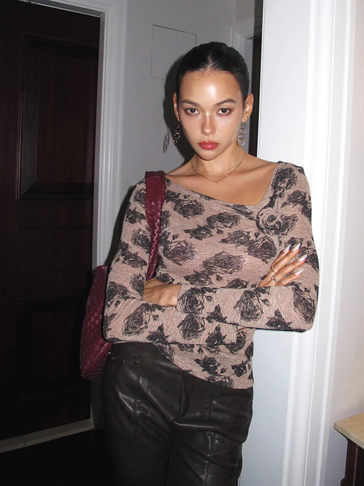 Asymmetrical Neck Rose-Printed T-Shirt sold by COMMENSE product image thumbnail 3