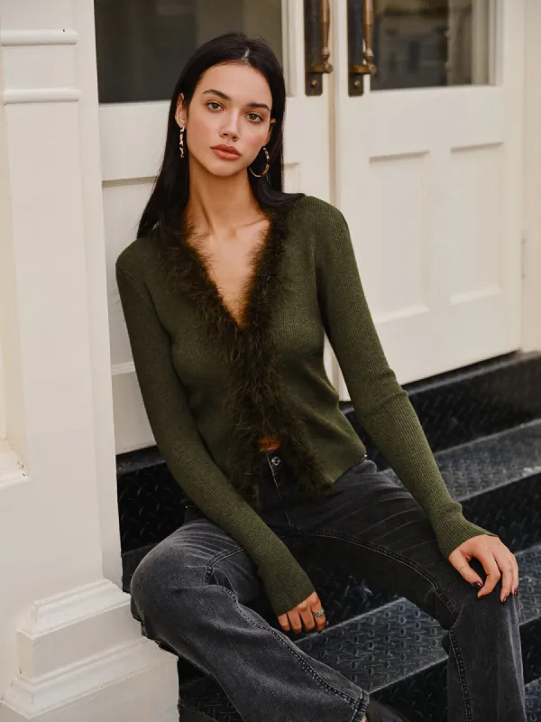 Feather Trim Wool-Blend Slim Sweater sold by COMMENSE