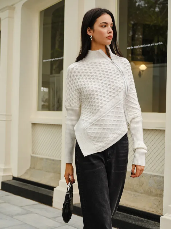 Asymmetrical Mock-Neck Zipper Sweater sold by COMMENSE