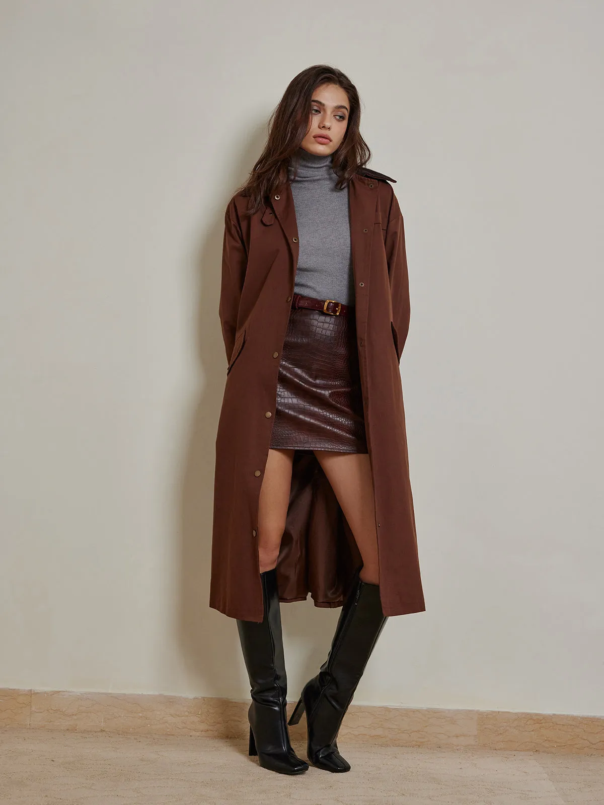 Contrast Collar Pleated Trench Coat sold by COMMENSE
