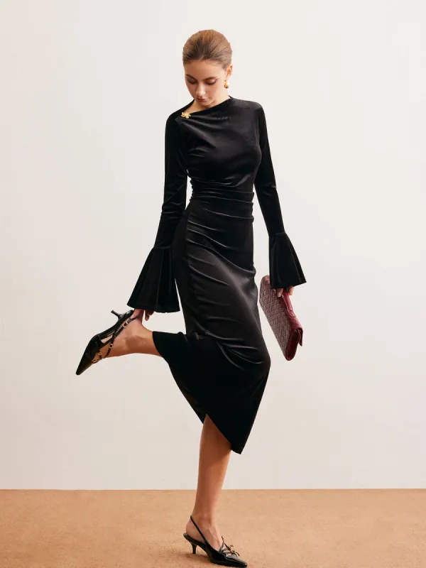 Ruffle-Cuff Velvet Long Dress sold by COMMENSE