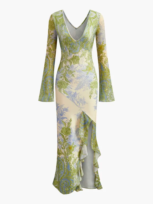 Romance V-Neck Printed Ruffle Dress sold by COMMENSE