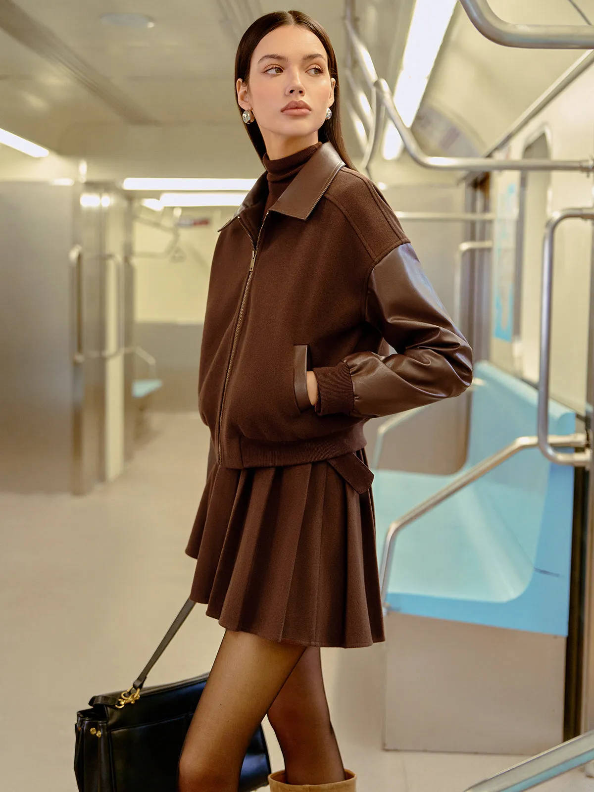 Faux Leather Panel Tweed Short Jacket sold by COMMENSE product image thumbnail 4