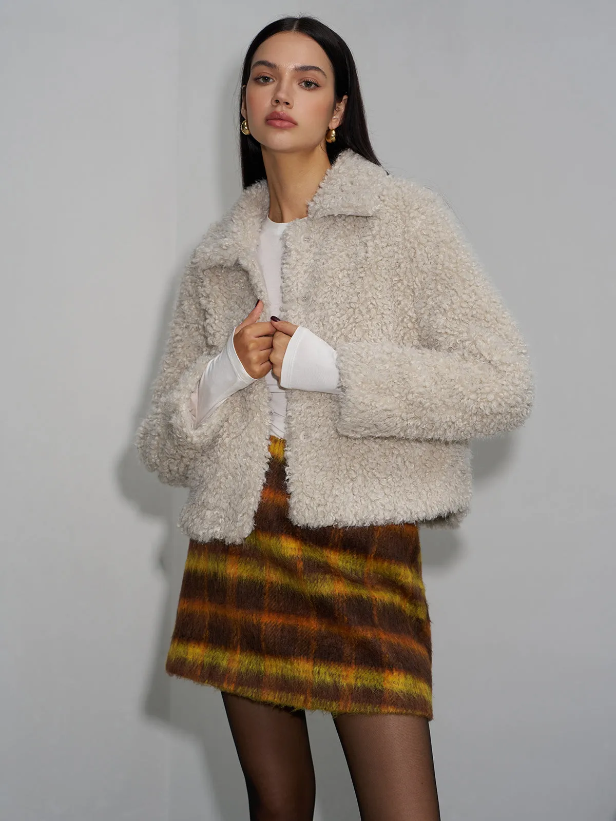 Lapel Fleece Short Jacket sold by COMMENSE