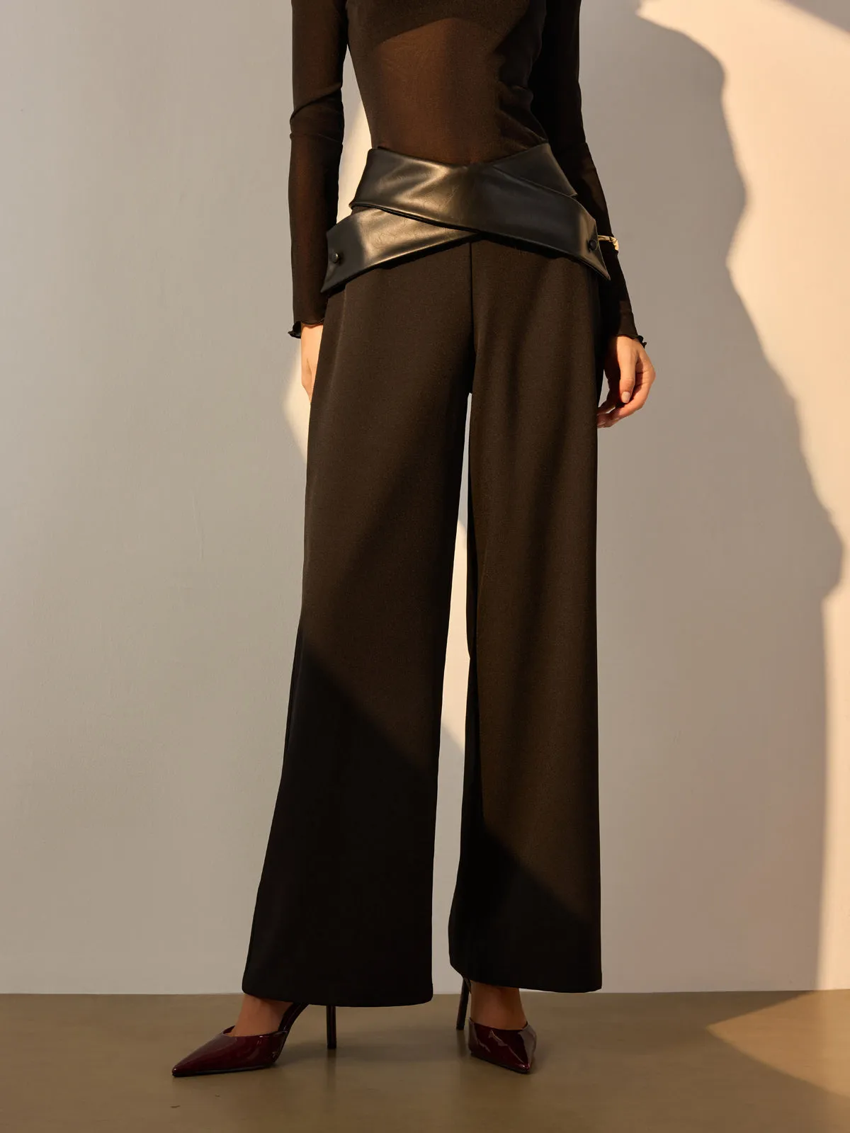 Criss Cross Faux Leather Panel Pants sold by COMMENSE product image thumbnail 3