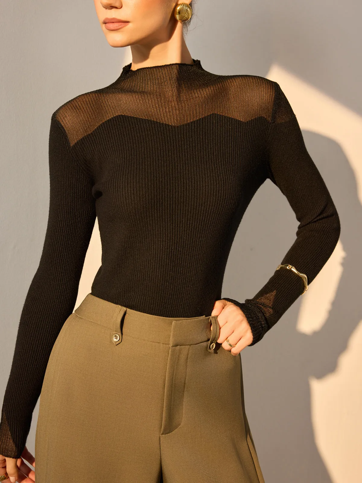 Mock Neck Mesh Panel Slim Sweater sold by COMMENSE product image thumbnail 3