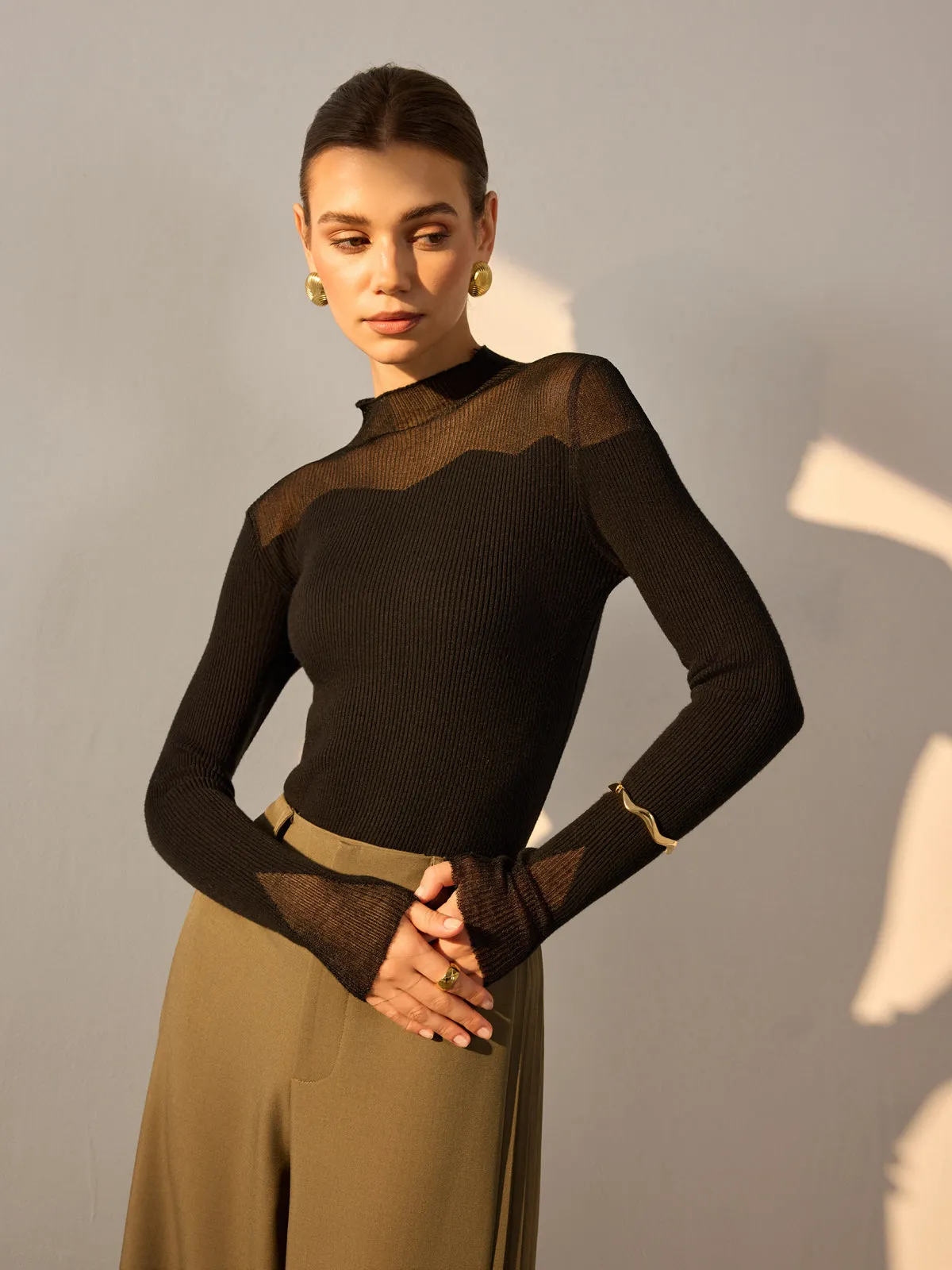 Mock Neck Mesh Panel Slim Sweater sold by COMMENSE product image thumbnail 5