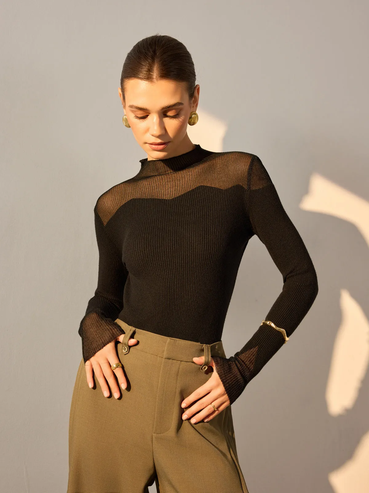 Mock Neck Mesh Panel Slim Sweater sold by COMMENSE product image thumbnail 2