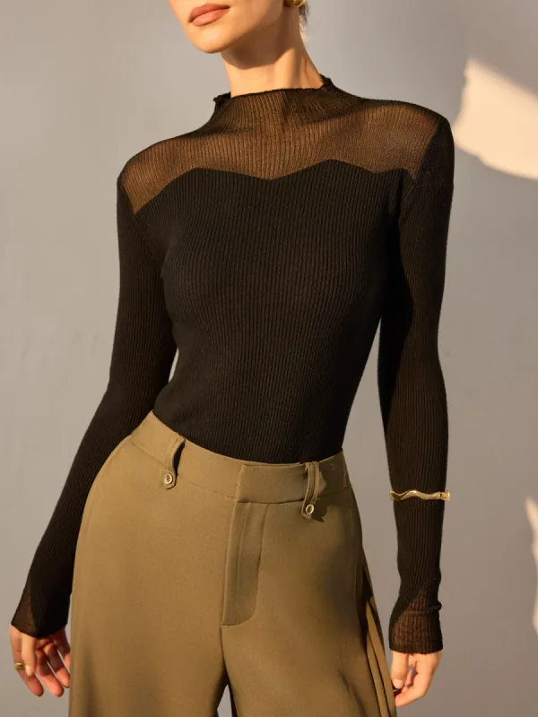 Mock Neck Mesh Panel Slim Sweater sold by COMMENSE