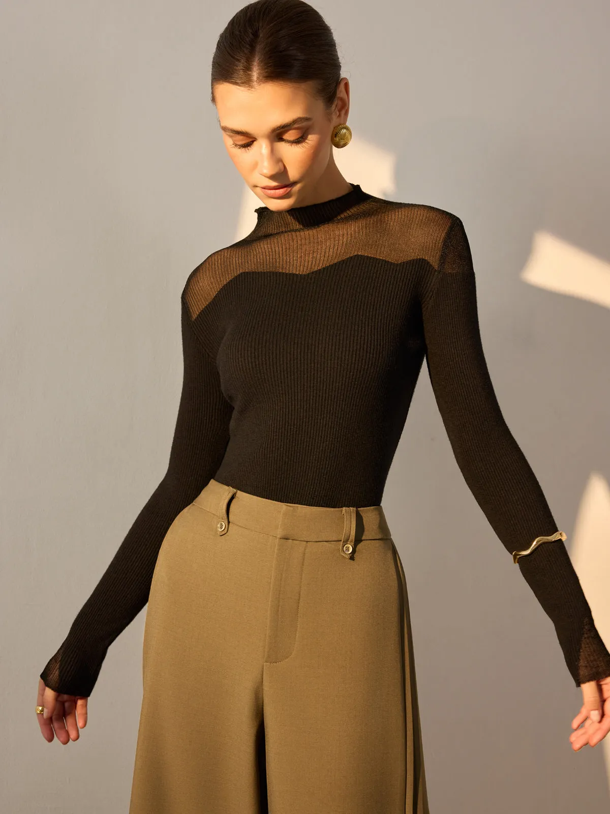 Mock Neck Mesh Panel Slim Sweater sold by COMMENSE product image thumbnail 4