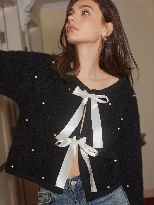 Beaded Decor Bow Knit Top sold by COMMENSE
