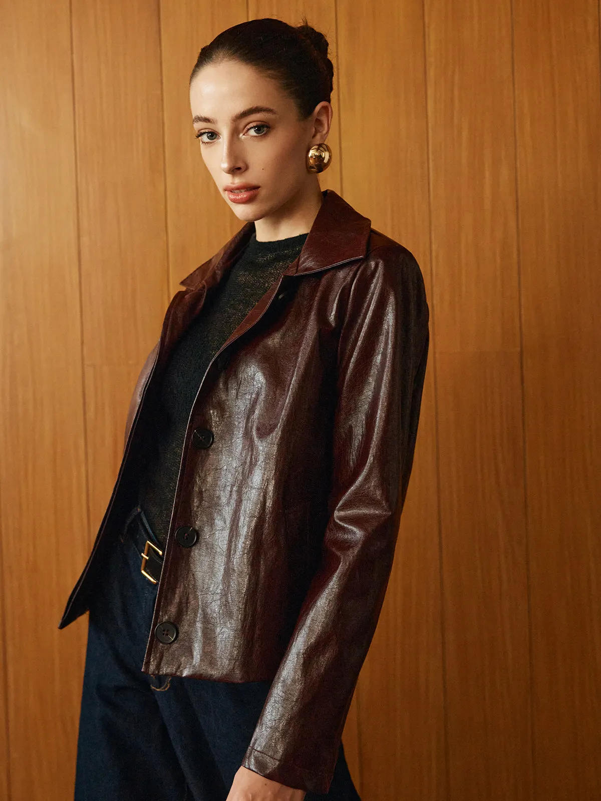 Faux Leather Zipper Short Polo Jacket sold by COMMENSE product image thumbnail 3