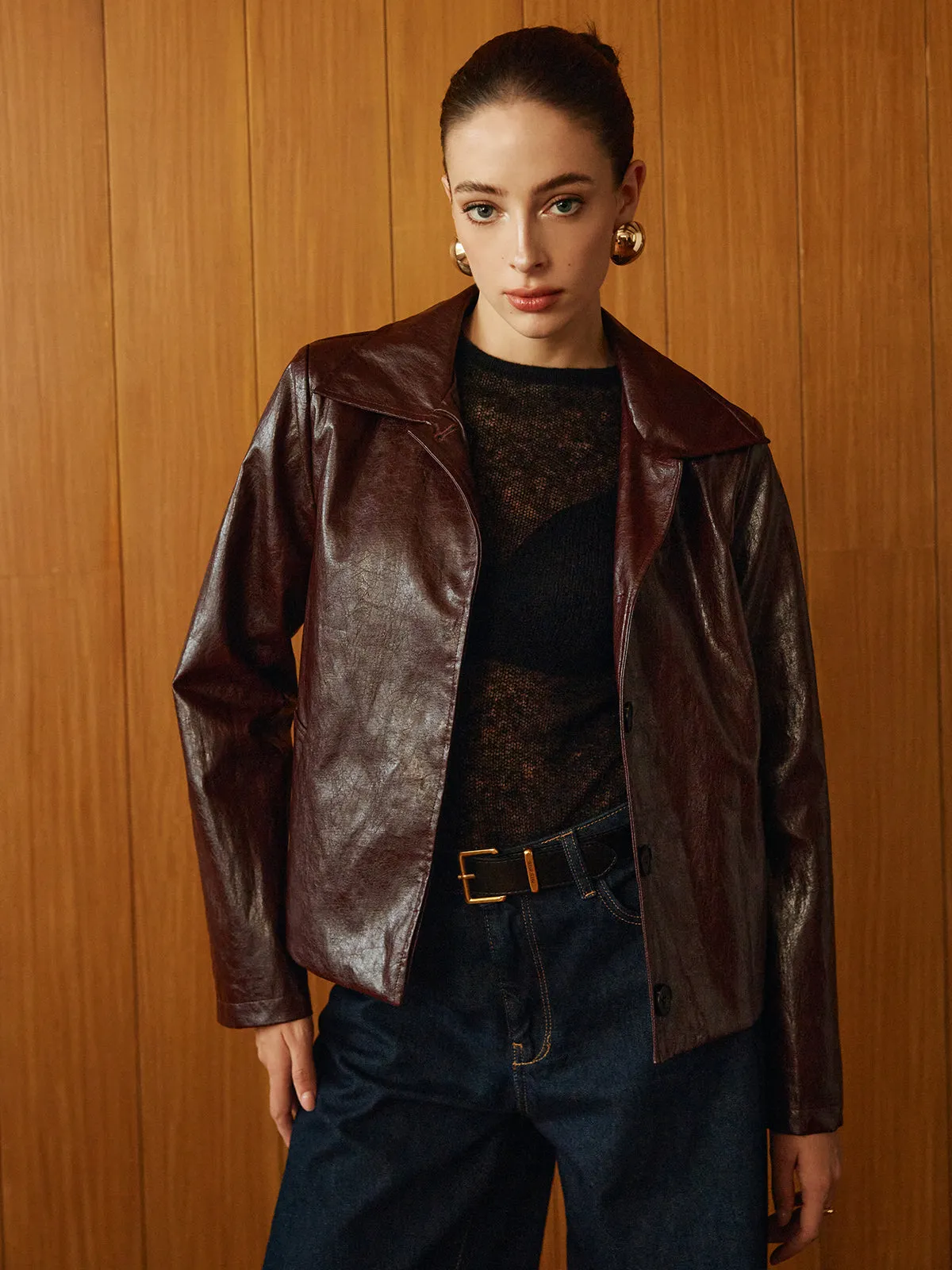 Faux Leather Zipper Short Polo Jacket sold by COMMENSE