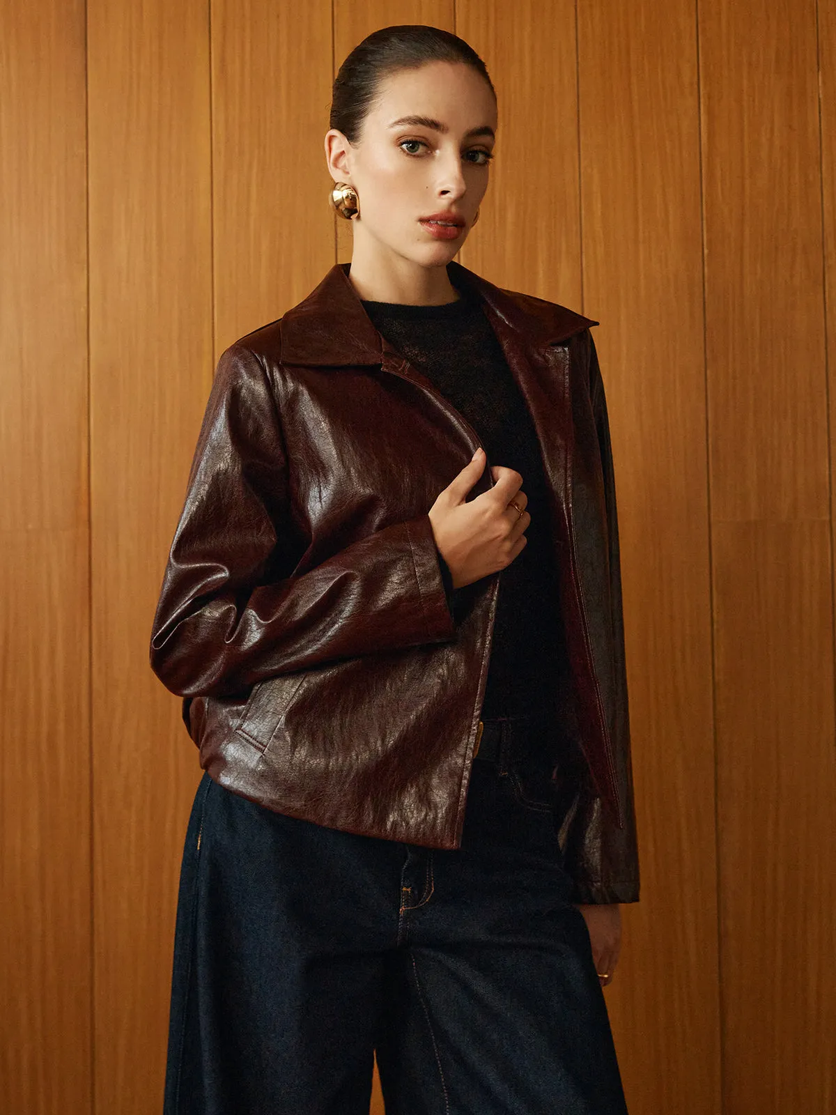 Faux Leather Zipper Short Polo Jacket sold by COMMENSE product image thumbnail 4