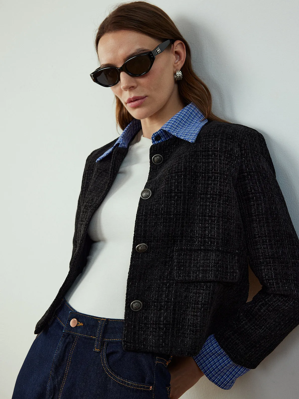 Plaid-Collar Short Jacket sold by COMMENSE product image thumbnail 4