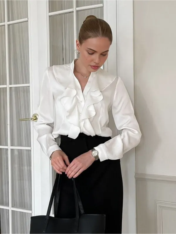 V-Neck Ruffle Thin Shirt made by COMMENSE