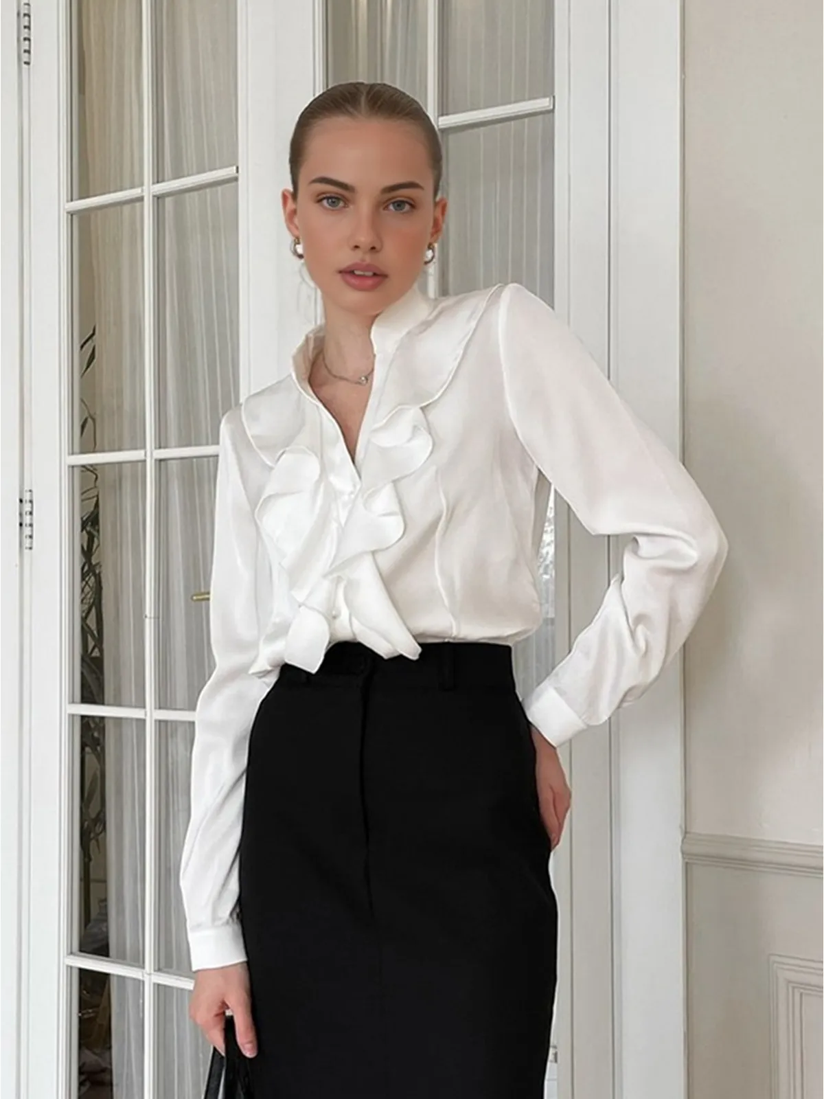 V-Neck Ruffle Thin Shirt sold by COMMENSE product image thumbnail 2