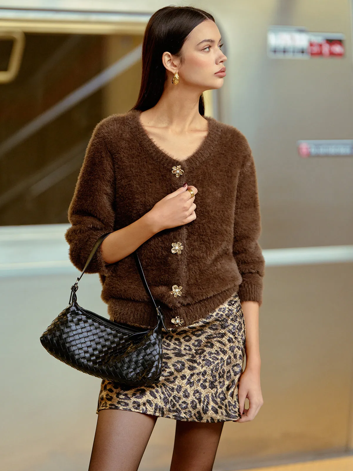 Metal Floral Button Fuzzy Cardigan sold by COMMENSE product image thumbnail 3