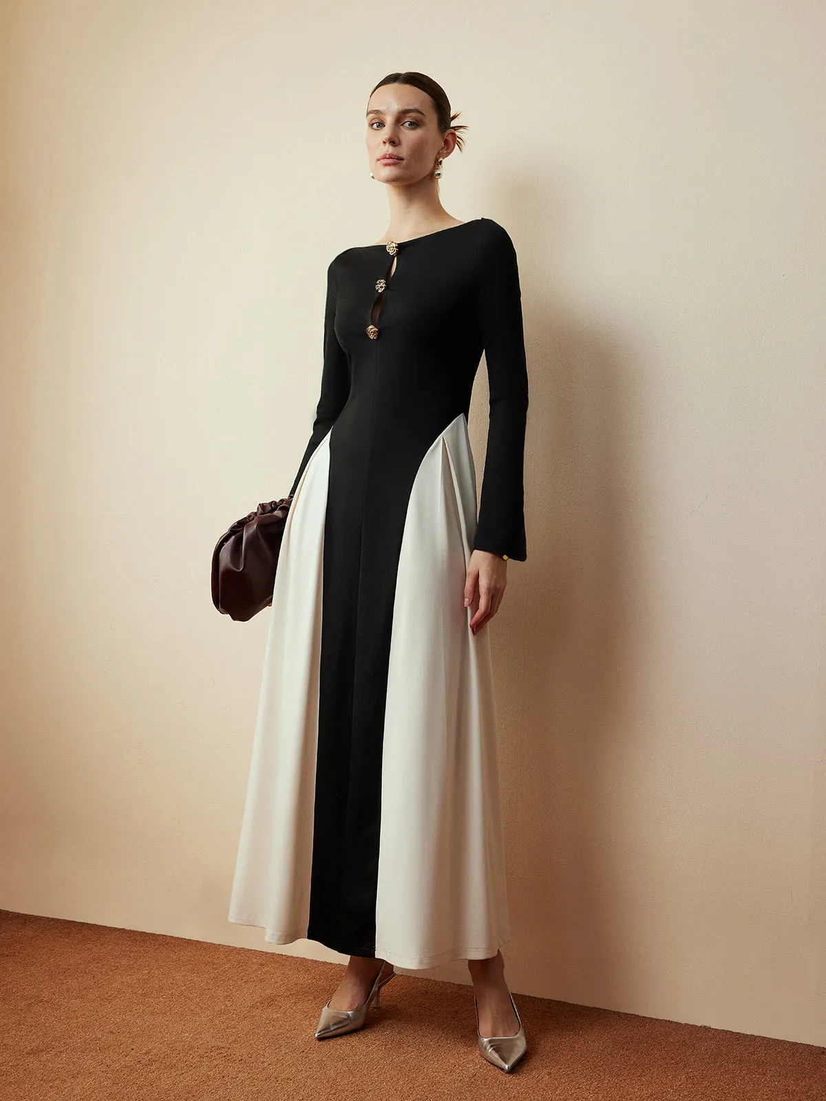 Straight Neck Color Block Flowy Dress sold by COMMENSE product image thumbnail 2