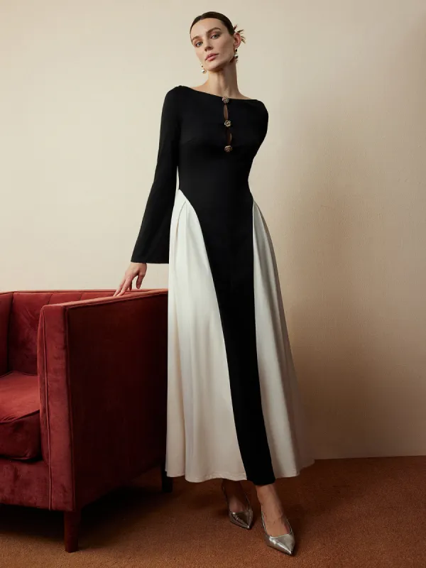 Straight Neck Color Block Flowy Dress sold by COMMENSE