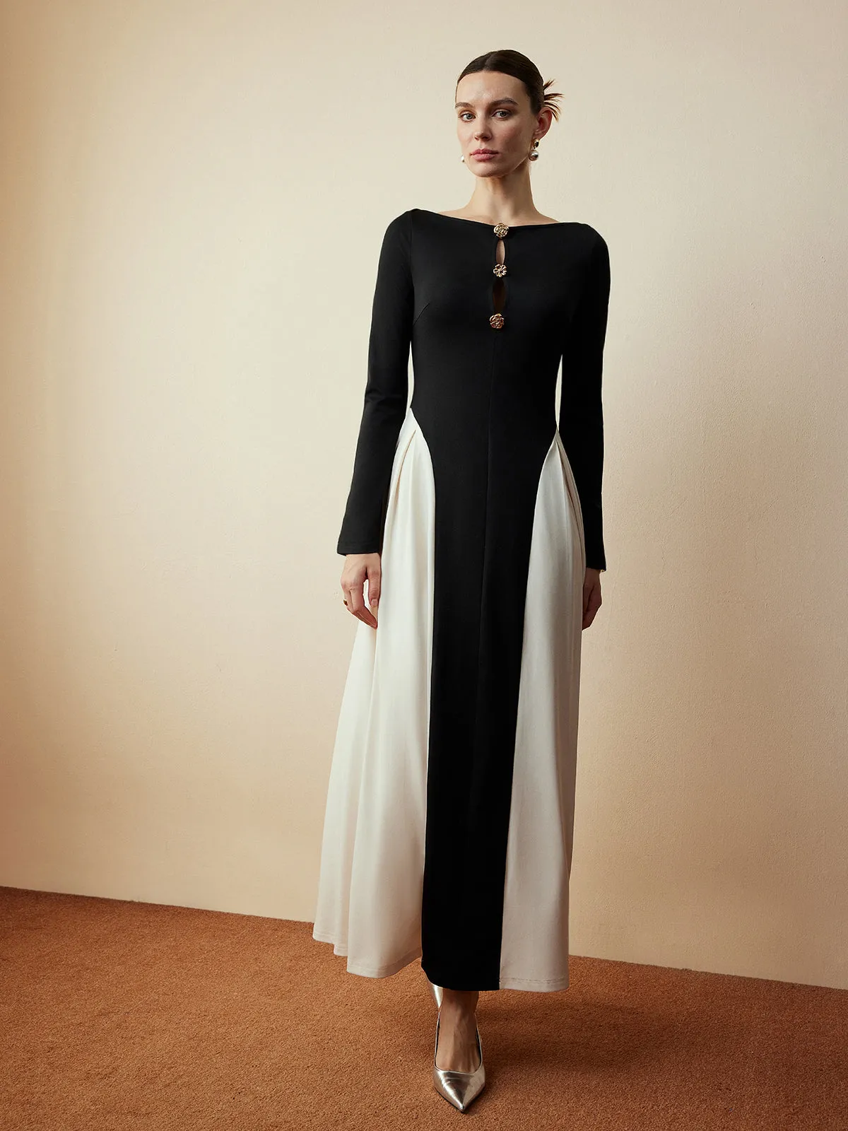 Straight Neck Color Block Flowy Dress sold by COMMENSE product image thumbnail 5