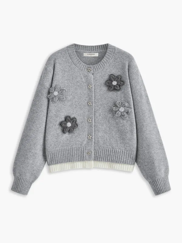 3D Flower Contrast Trim Cardigan sold by COMMENSE