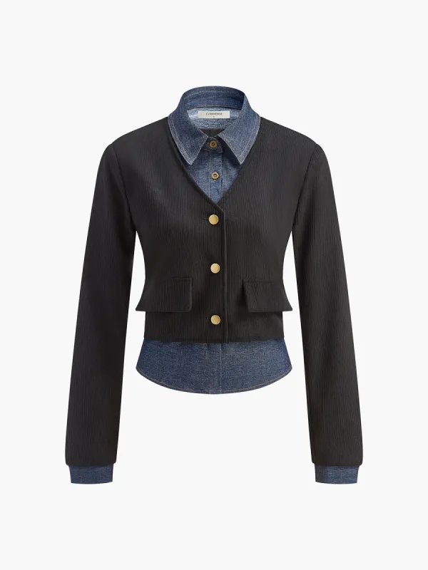 2 in 1 Denim Panel Polo Blouse sold by COMMENSE
