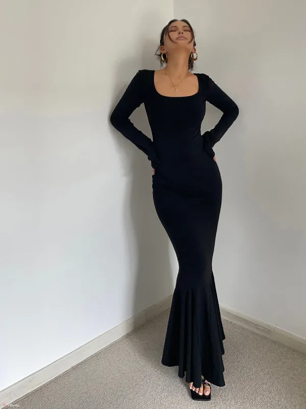 Ruffle Slim Knit Long Dress sold by COMMENSE